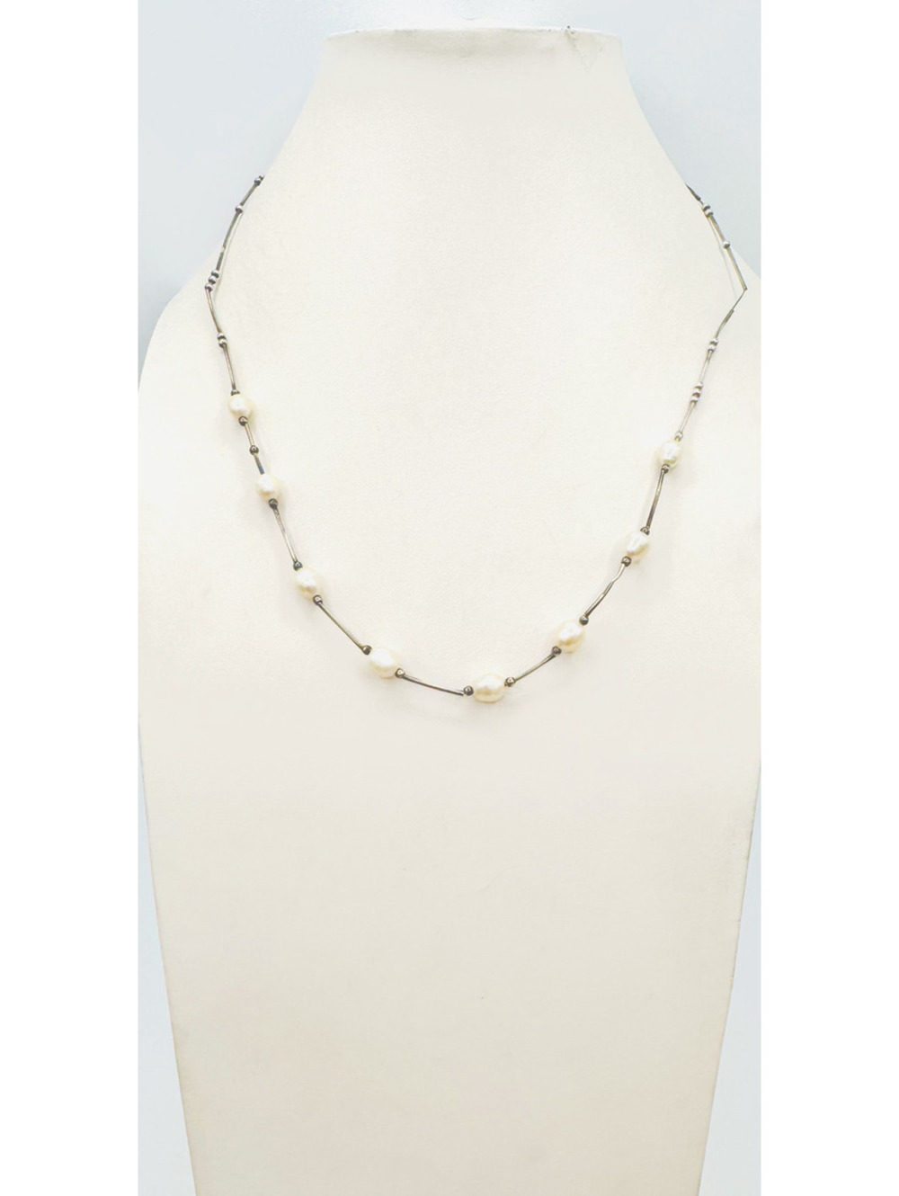Sterling silver bugle and bubble bead links with fresh water pearl necklace